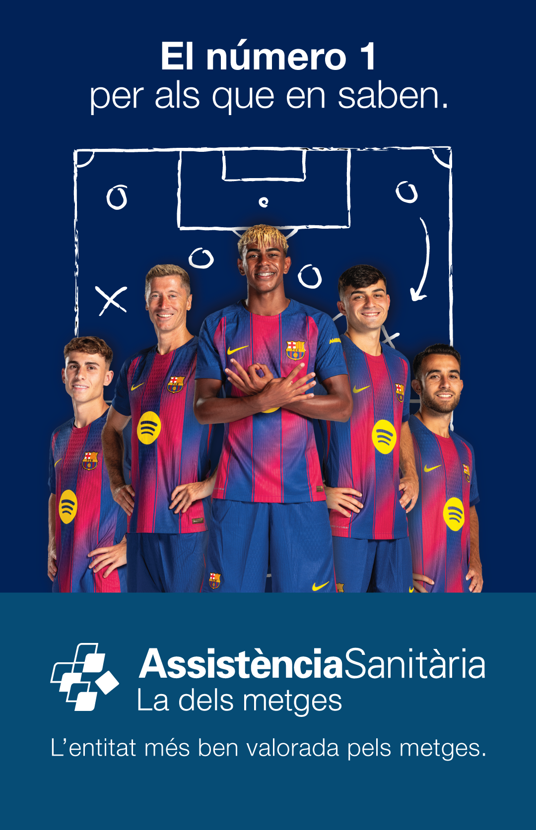 Cartell publicitari d'Assistència Sanitària amb jugadors del Futbol Club Barcelona i l'eslogan "El número 1 per als que en saben"