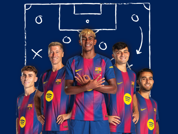 Cartell publicitari d'Assistència Sanitària amb jugadors del Futbol Club Barcelona i l'eslogan "El número 1 per als que en saben"