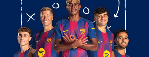 Cartell publicitari d'Assistència Sanitària amb jugadors del Futbol Club Barcelona i l'eslogan "El número 1 per als que en saben"